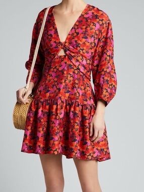 10 Crosby Derek Lam Red & Pink Floral Twist-Front Mini Dress